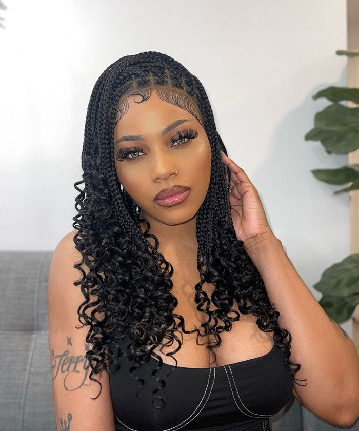 Boho Braided Wig Box Braids Wig with Baby Hair Triangle Knotless Braided  Wigs for Women Braid Wig with Curly Ends Braided Lace Wig Full Double Lace