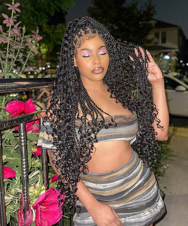 Boho Medium Knotless Box Braids with Curls Over Hip-Length 36 Full Hand  Tied HD Lace Braided Wig