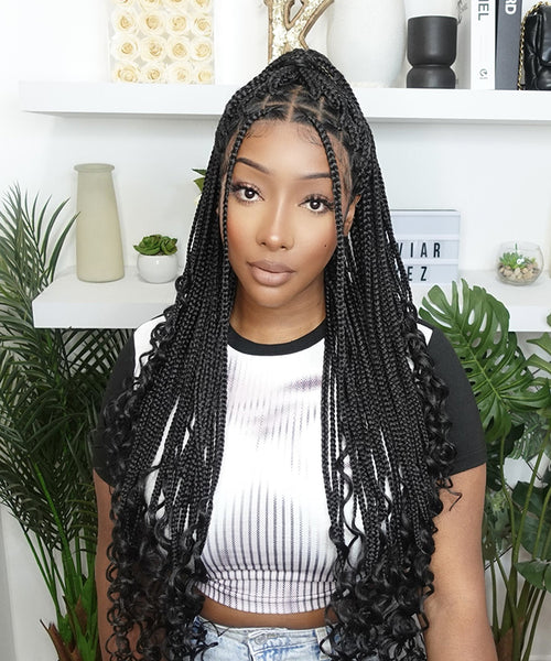 Knotless Braids with Curls Over Hip-Length 36 Full Double Lace Small Box  Square Box Braided Wig